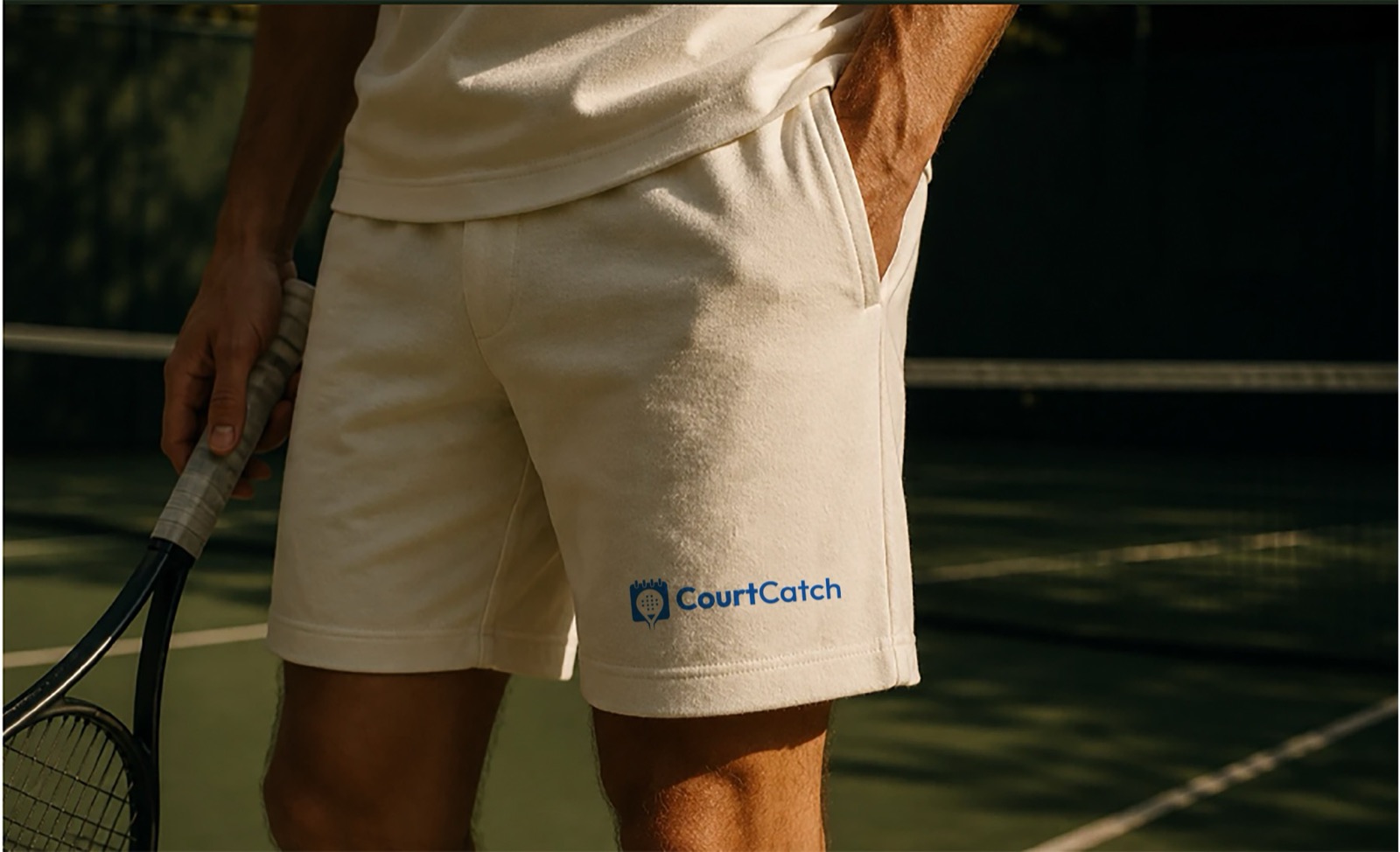Tennis player in cream CourtCatch shorts holding a racket